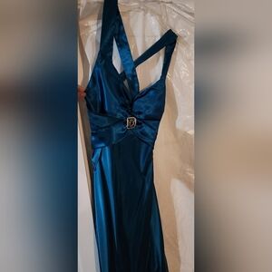 Teal Jessica McClintock floor length prom dress or gown with low back